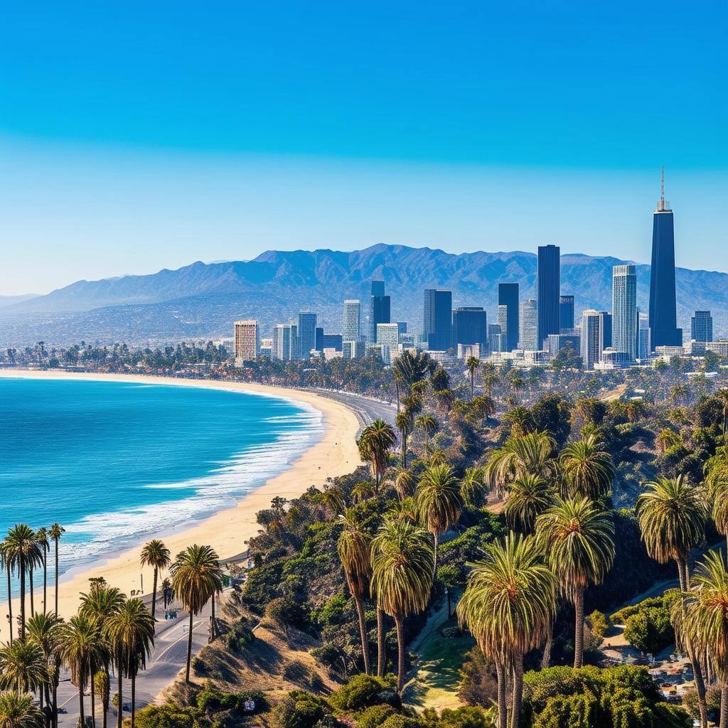 los Angeles skyline with beach and mountains